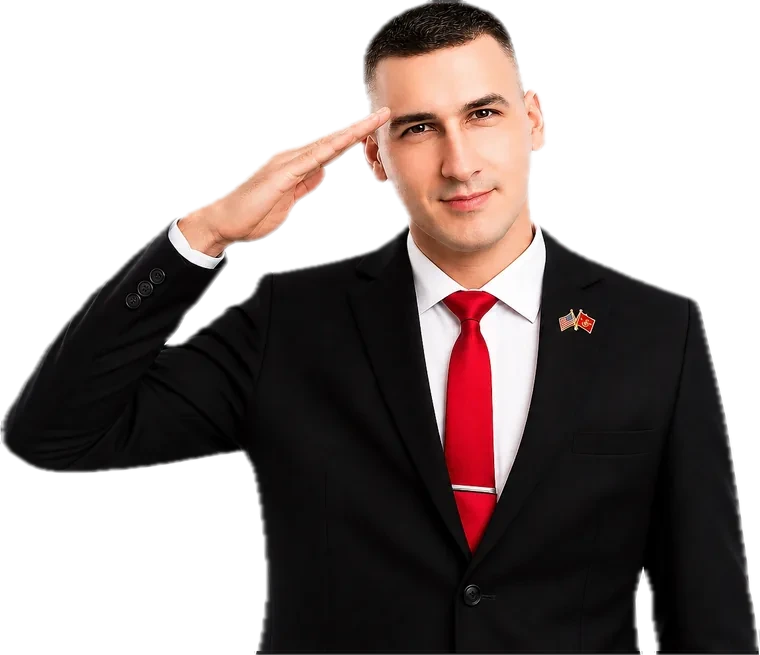 A veteran in a suit saluting